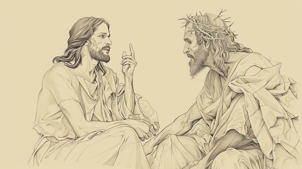 Biblical Illustration of Temptation of Jesus in Wilderness, Satan Offering Kingdoms, Beige Background, Copyspace