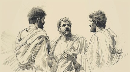 Fototapeta premium Biblical Illustration of Road to Emmaus, Jesus Explaining Scriptures, Cleopas, Hearts Burning, Beige Background, Copyspace