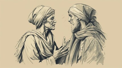 Biblical Illustration of Lazarus Raised from Dead, Martha and Mary Witnessing, Beige Background, Copyspace