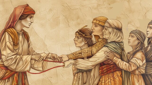 Rahab and Scarlet Cord Story, Israelite Spies Promise Safety, Biblical Illustration, Beige Background, Copyspace