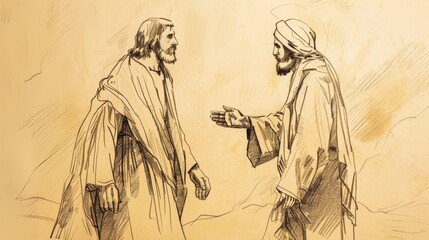 Fototapeta premium Biblical Illustration of Jesus and Rich Young Ruler, Invitation to Follow, Man Walking Away, Beige Background, Copyspace