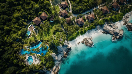 A high dynamic range aerial view of a crescent-shaped beach with luxury villas dotted between swaying palm trees and the turquoise sea.