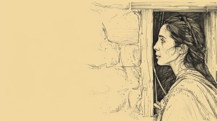 Biblical Illustration of Rahab Hiding Spies in Jericho, Scarlet Cord in Window, Beige Background, Copyspace