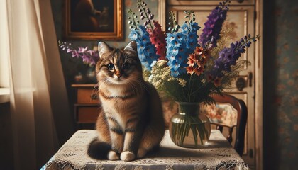 A cat sitting on a table with bouquet of Delphinium flowers
