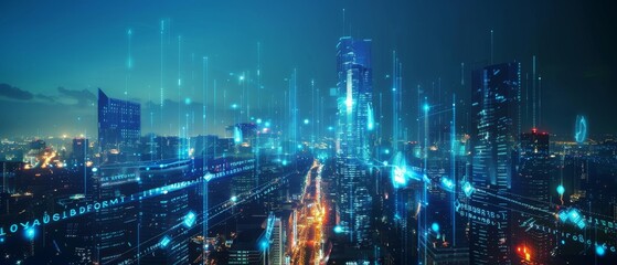 Obraz premium Futuristic Cityscape Skyscrapers and city lights with a technological twist