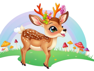 Cartoon baby deer rainbow grassland Vector illustration. Isolate background