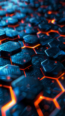 Obraz premium Dark abstract background with black hexagons with blue highlight. Metal hexagons. Geometric figures. Copy space.