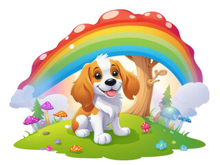 Cute cartoon rainbow green mushroom puppy dog  illustration Isolate background