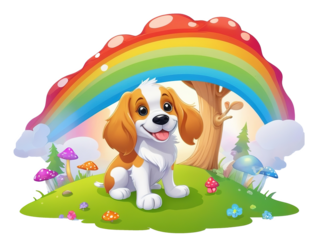 Cute cartoon rainbow green mushroom puppy dog  illustration Isolate background
