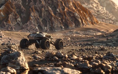 Futuristic space rover traversing a desolate alien landscape