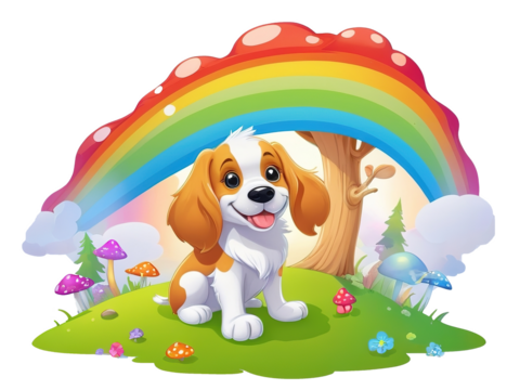Cute cartoon rainbow green mushroom puppy dog  illustration Isolate background - Powered by Adobe