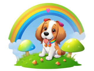 cartoon rainbow green mushroom puppy dog illustration. Isolate background