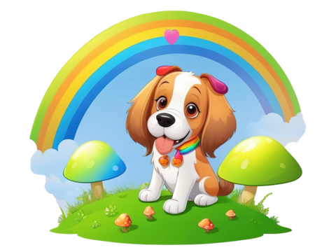 cartoon rainbow green mushroom puppy dog illustration. Isolate background