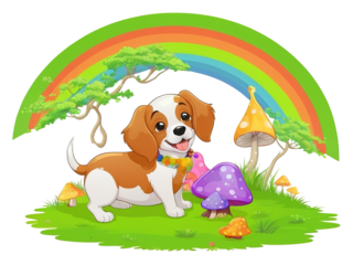 cartoon rainbow mushroom puppy dog illustration. Isolate background