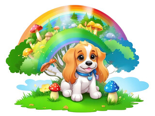 Obraz premium cartoon rainbow tree puppy dog illustration. Isolate background