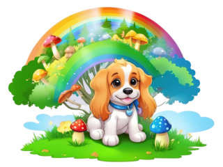 cartoon rainbow tree puppy dog illustration. Isolate background