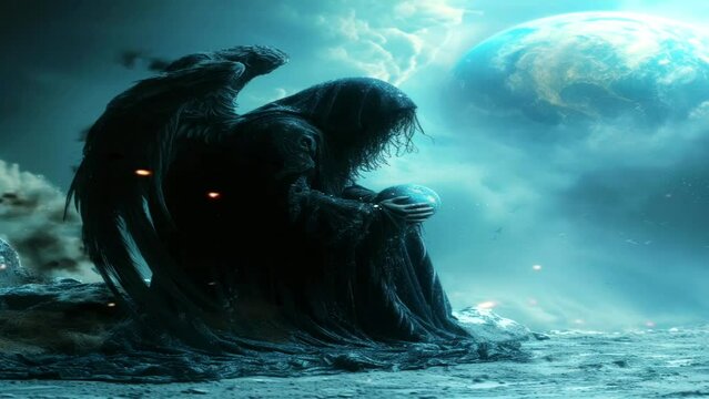Black angel in darkness rising from the dead flying hovering cinematic carrying sacred stone living in eternity, imaginative fantasy mystical concept