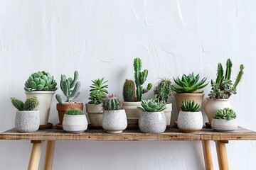 Obraz premium Scandinavian room interior with plants, cacti and succulents composition in design and hipster pots on the brown shelf. White walls. Modern and floral concept of home garden. generative ai.