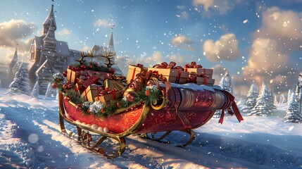 Position a festive sleigh filled with beautifully wrapped presents in the snowy landscape, ready...