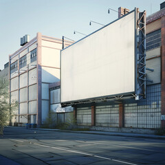 Obraz premium Industrial warehouse district with a large blank billboard, 3D rendered, for urban-style ads, enhanced by a light border.