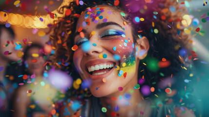 Pride-themed office celebration, employees with rainbow accessories, digital confetti, futuristic holograms, joyful and inclusive