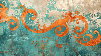 Playful orange swirls dance across a canvas of tranquil turquoise, accented with subtle beige textures for added depth and interest.