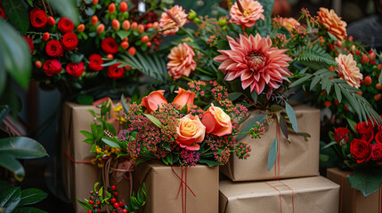 Fresh flowers and wrapped presents arranged elegantly on a flat surface