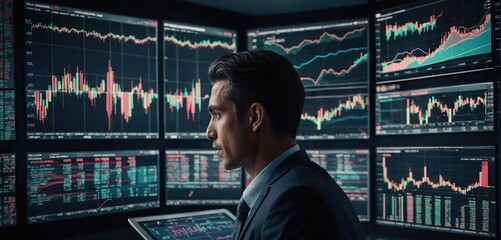 Business data and stock market analysis, currency exchange, Businessman analyzing financial graph, forex chart, economic growth, business finance and investment background