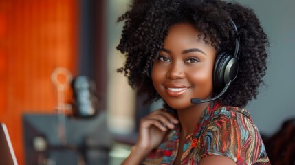 portrait of a beautiful mulatto woman with a fluffy hairstyle, a young woman employee of a support service with a microphone and headphones, smiling, looking at the camera while in the office