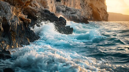 A rocky coastline with waves crashing against the shore - Powered by Adobe