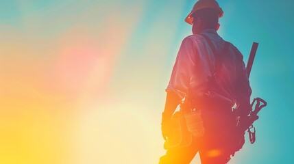 reliable home repair service close up, focus on, copy space Bright hues, Double exposure silhouette with handyman