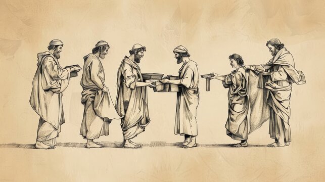 Biblical Illustration of Parable of Talents with Servants Investing Gold Coins, Different Outcomes, Beige Background, Copyspace