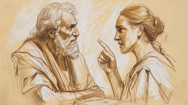 Biblical Illustration of Unjust Judge Parable, Persistent Widow, Justice, Beige Background, Copyspace