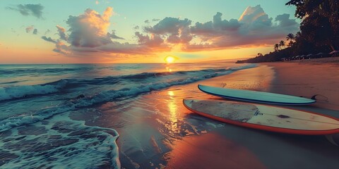 Vintage Beach Scene with Surfboards at Sunset: Perfect for Decor. Concept Beach Photography,...