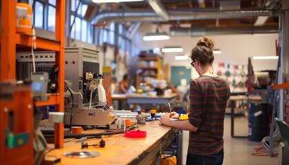 Young technician working in a busy workshop with tools and equipment. Industrial and creative workspace with people in the background.