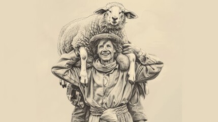 Biblical Illustration of Lost Sheep Parable, Shepherd Rejoicing, Beige Background, Copyspace