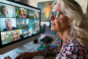 Mature woman teacher conducts an engaging online class, interacting with students displayed on her large computer monitor