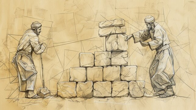 Biblical Illustration of Parable of Two Sons, One Working, Other Not, Beige Background, Copyspace