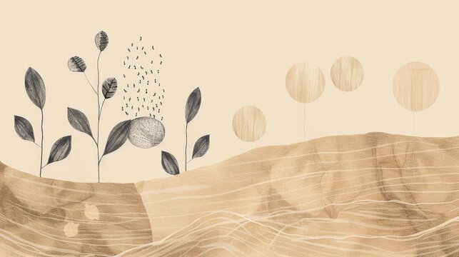 Biblical Illustration of Parable of the Sower with Farmer Scattering Seeds, Different Ground, Beige Background, Copyspace