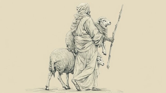 Biblical Illustration of Good Samaritan Tending to Injured Man on Roadside, Beige Background, Copyspace
