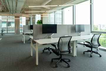 Interior of modern empty office building.Open ceiling design.Equipped with automatic lifting table...