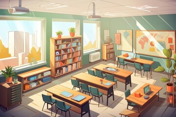 Sunny classroom with wooden desks, chairs, bookshelves, and world maps. Bright natural light and vibrant educational atmosphere.
