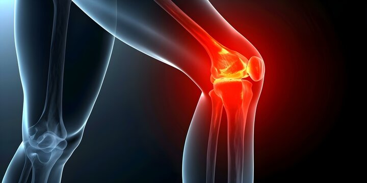 Red glowing knee joint with rheumatoid arthritis pain in human body. Concept Rheumatoid Arthritis, Knee Joint, Pain Management, Human Anatomy, Medical Conditions