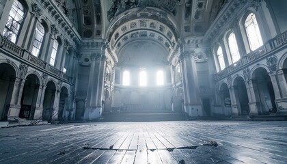 abandoned theater interior with cloudy dark skies - Powered by Adobe