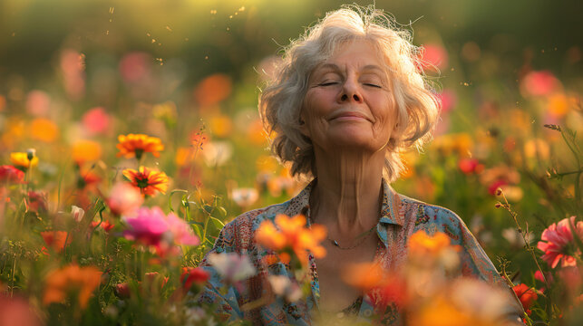 Mature woman in a vibrant wildflower field, feeling joyful and at peace