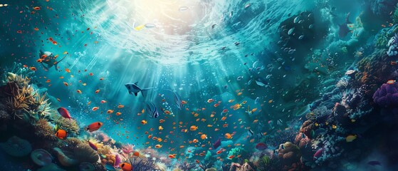 A vibrant underwater scene with colorful coral reefs, diverse fish, and sunlight filtering through the water surface.