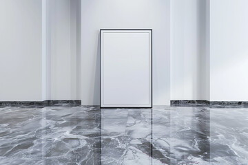 Minimalist gallery with a 3D empty frame on a refined Grey William marble floor.