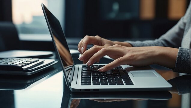 Close up of business woman hand typing on laptop computer keyboard with reflection on digital tablet on office table, online working, surfing the internet, distant job, remote work concept 