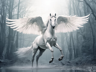 A Pegasus With A Semi-transparent Body Revealing Its Skeleton, Howling At The Moon In A Dense, Eerie Forest On A Clean Pastel Light And White Isolated Background