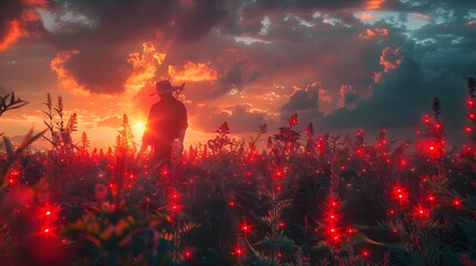 As the first light of day cascades over the fields, neon artistry paints a scene of poetic beauty, illuminating the farmers as they gather nature's.